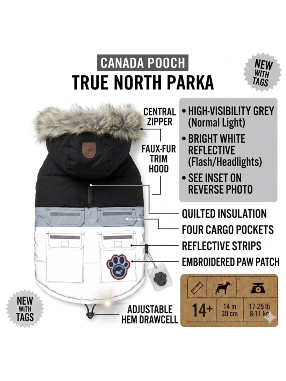 Canada Pooch True North Parka Dog Coat Size 14+ High Visibility Reflective NWT